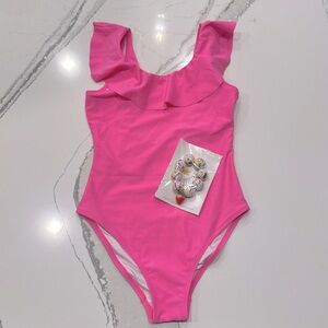 Stella Cove Girls One Piece Pink Ruffle Swimsuit Size 8 & jawbreakers bracelet